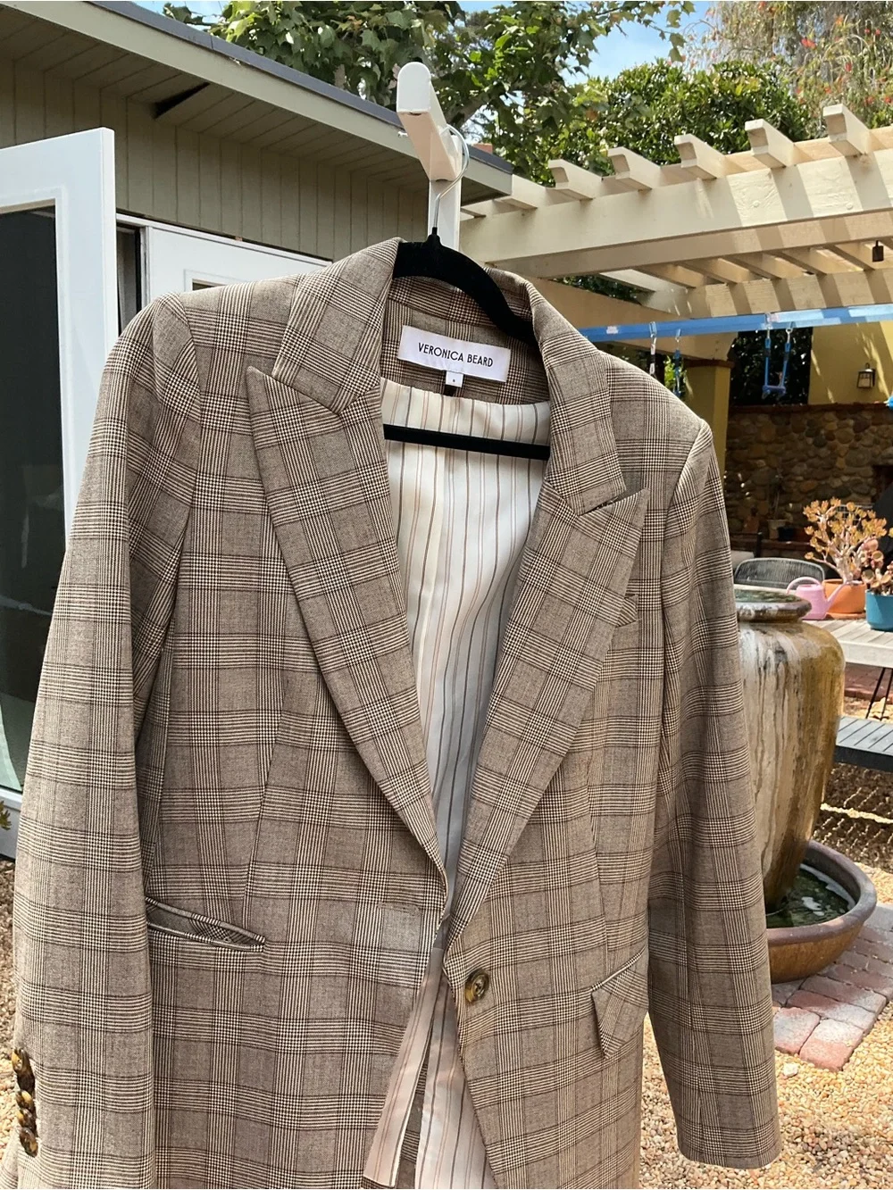 Veronica Beard Tan Plaid Longline Blazer
